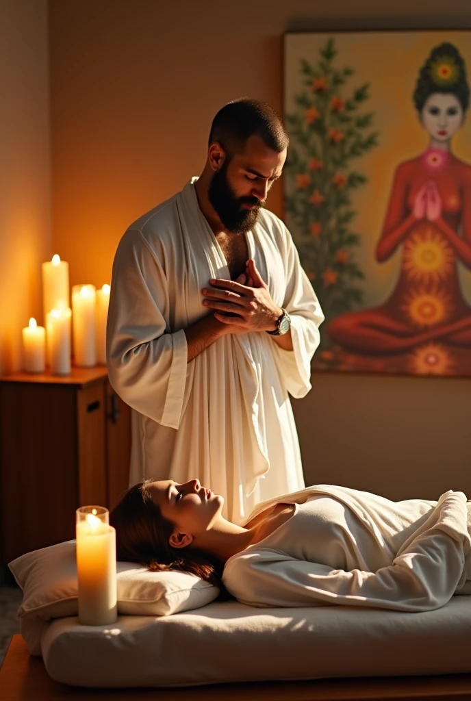 A man dressed in white clothes with short hair and a full beard standing with his left hand on his chest and his right hand on the forehead of a woman lying on a stretcher with her eyes closed, seemingly calm. The room is well-lit with beams of light entering through the window., The setting features candles, incense, and a painting depicting the 7 chakras.