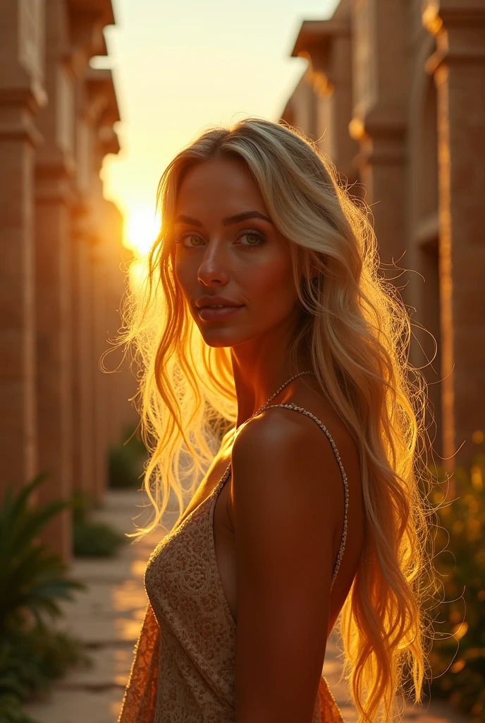 Woman with golden skin, light hair, light eyes, mummy 