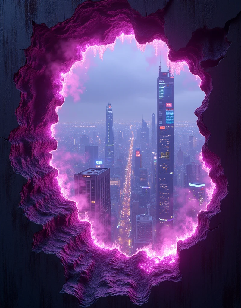 A hole in the wall, the edges of hole burning with purple neon fire, and through the burning hole a city with tall cyberpunk skyscrapers can be seen fantasy illustration:1.3), Premium quality,technological details, Authentic background, (realism: 1.5), (Realisitc: 1.4), (Absurdity:1.4), 8k, ultra-detailed, detailed, (One only: 1.4 only), (Viewer facing: 1.3),Nikon D850, (sharp focus:1.2),ultra realistic, cinematic film