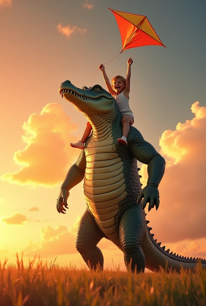 Humanoid crocodile, muscular 2 meters tall, holding a  flying a kite on his shoulders during sunset 