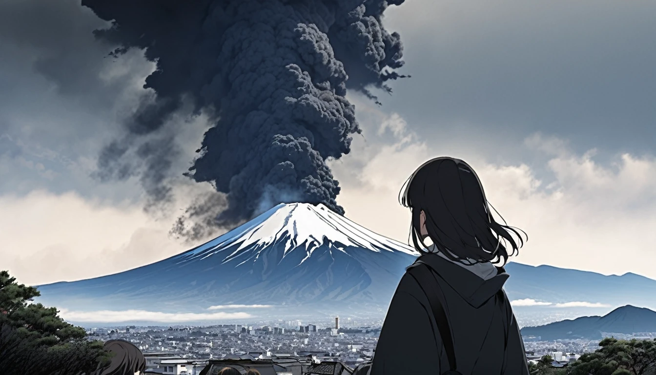 Mt. Fuji eruption、Young people gazing from afar、Black smoke、The sky is dark、noon