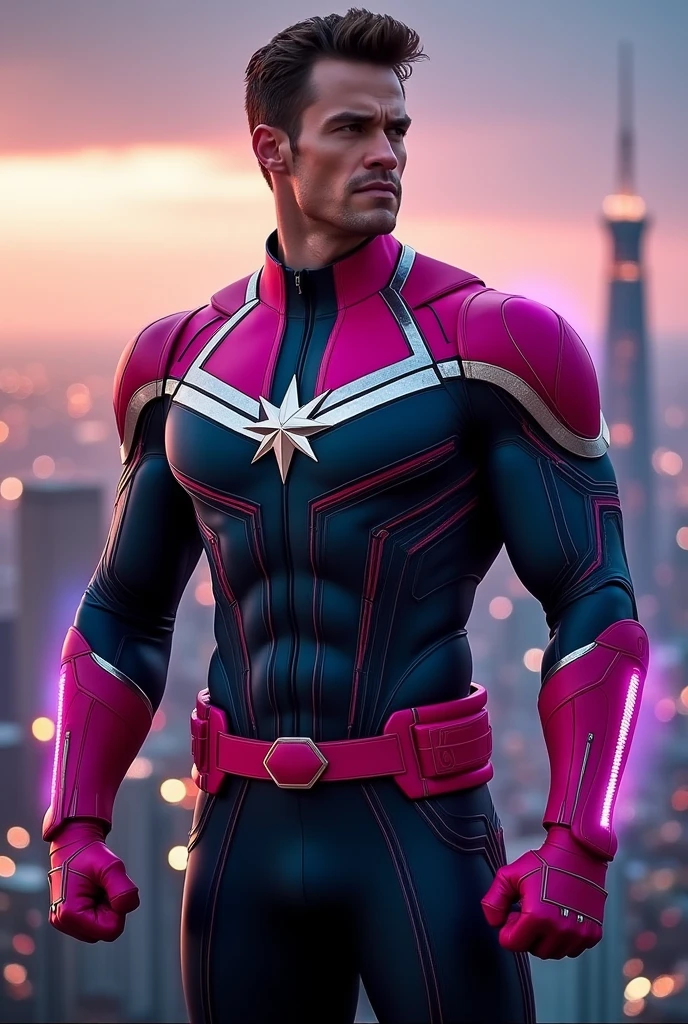 Henry Cavil in Captain Marvel's uniform with black, pink and silver colors