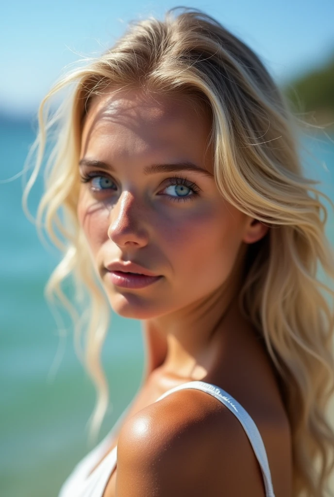 Belle fille européenne aux yeux bleus et aux cheveux blonds, elle au bord d'un lac, par derrière, on ne voit pas son visage ultra Haute résolution, (photoréaliste: 1.4), Haute résolution , (finely détaillé skin), (yeux bleus), (Des proportions parfaites) (Photos réalistes) (chef-d'œuvre) (photoréaliste), ultraréaliste (meilleure qualité) (détaillé) Photographié avec un Canon EOS R5, objectif 50 mm, F/2.8, (8k) (fond d'écran) (Éclairage cinématographique) (éclairage dramatique) (complexe) mode. full body