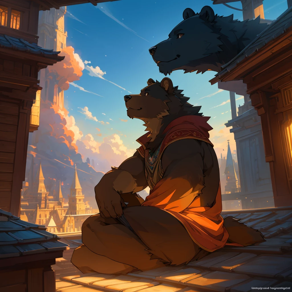 Bear in anime style, bear hybrid, sitting on the roof, anime style, detailed, cinematic lighting, warm color tones, intricate details, highly detailed, masterpiece, best quality, 8k, hyper detailed, sharp focus, vivid colors, natural lighting, atmospheric, dramatic, fantasy, surreal, ethereal, mystical, whimsical, magical realism