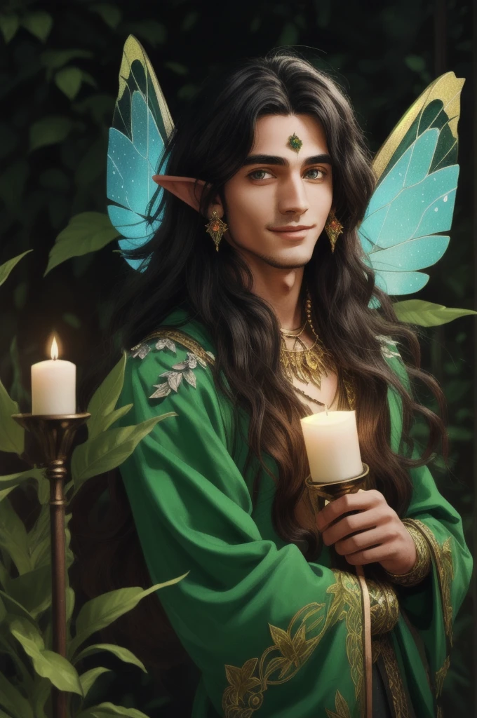 masterpiece, male fairy, wings, shine, glitter, enchanted forest, butterflies, greenery, flowers, smile, looking at viewer, 8k, HDR, ((best quality)), ((artwork)), (detailed ), ((perfect face)), ((half body)) perfect proportions, He is a handsome man, He is a fairy, With big transparent wings, He has fairy wings, he is 30 years old, emerald eyes, attractive face , dark skin, straight black hair, long hair, He has pointy ears, He wears jewelry, He is a beautiful fairy man, clothes with leaves, Transparent and large wings, There is a gothic library background behind him and lit candles. ((perfect face))