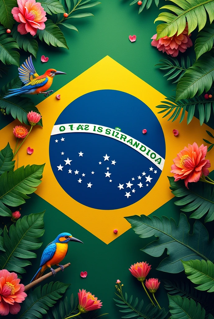 Reinvent the flag of Brazil and add flowers, birds and leaves
