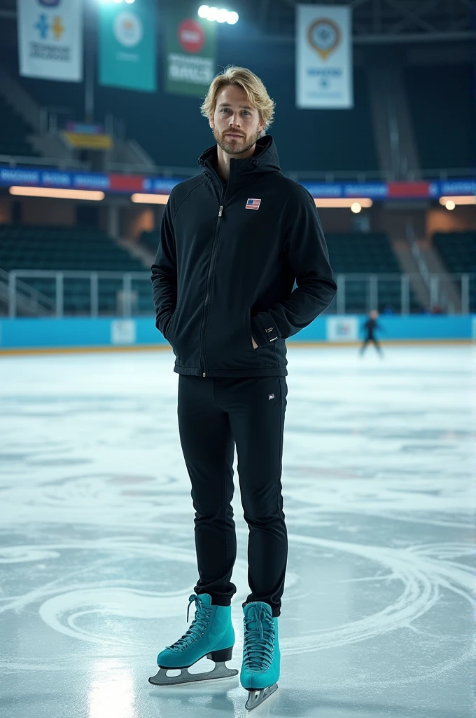 Draw a French national ice skating coach, young adult, swedish blonde,naughty man,pele caucasiana,greeneyes,turquoise ice skates, on the skating rink.