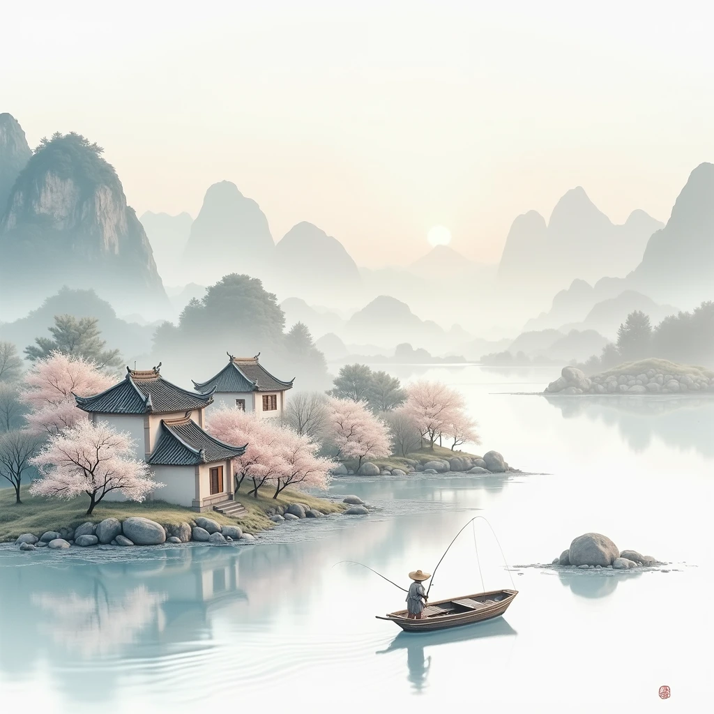 Light and delicate ink wash style of Chinese painting,Clear water,Clarity,White Space,Watercolor rendering,Light, ethereal white,Beautiful distant mountains+Light boat+Fisherman+Trees and tiled houses、.Soft background.More dreamy and ethereal atmosphere.Cover the screen.More obvious gradation.Bokeh effect