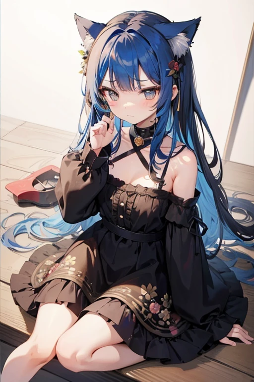 1girl, long brown hair, flower crown, blue hair clips, frowning, cat ears, black collar, long floral dress, flip flops