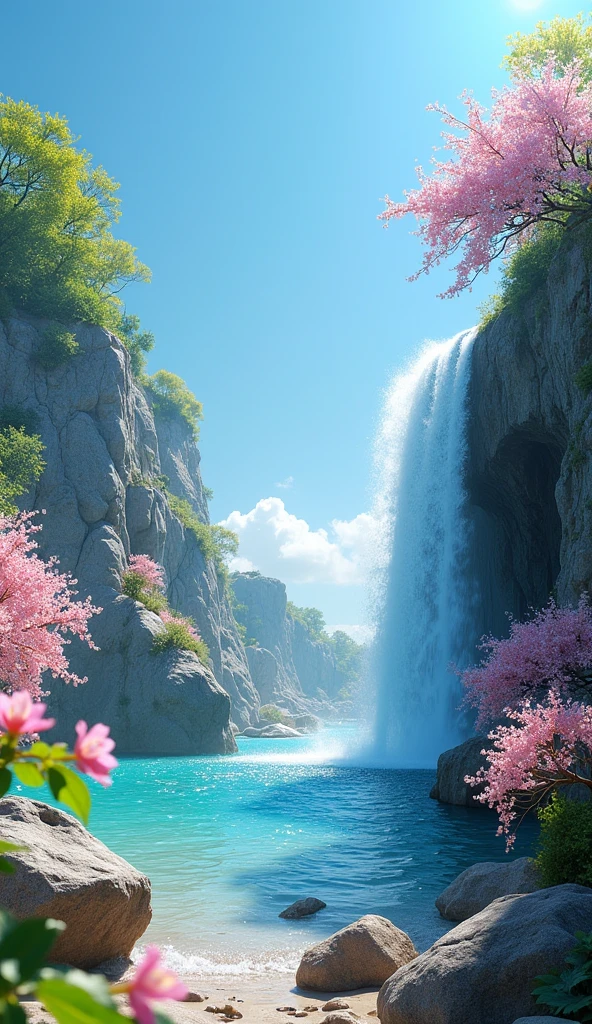 Beautiful ultra realistic 8k blue sky with no clouds, waterfall with small stones , pink and white flowers and flowers