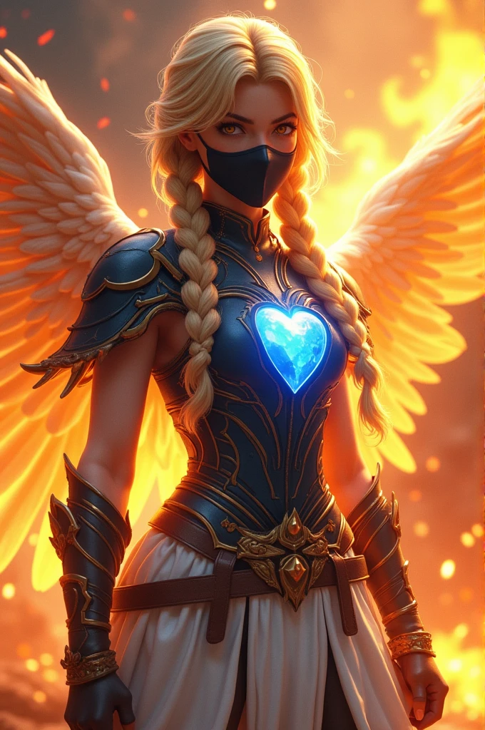 Firefire gamer character with blonde hair in two braids, black mask, blue chestplate, and white angelic pants 