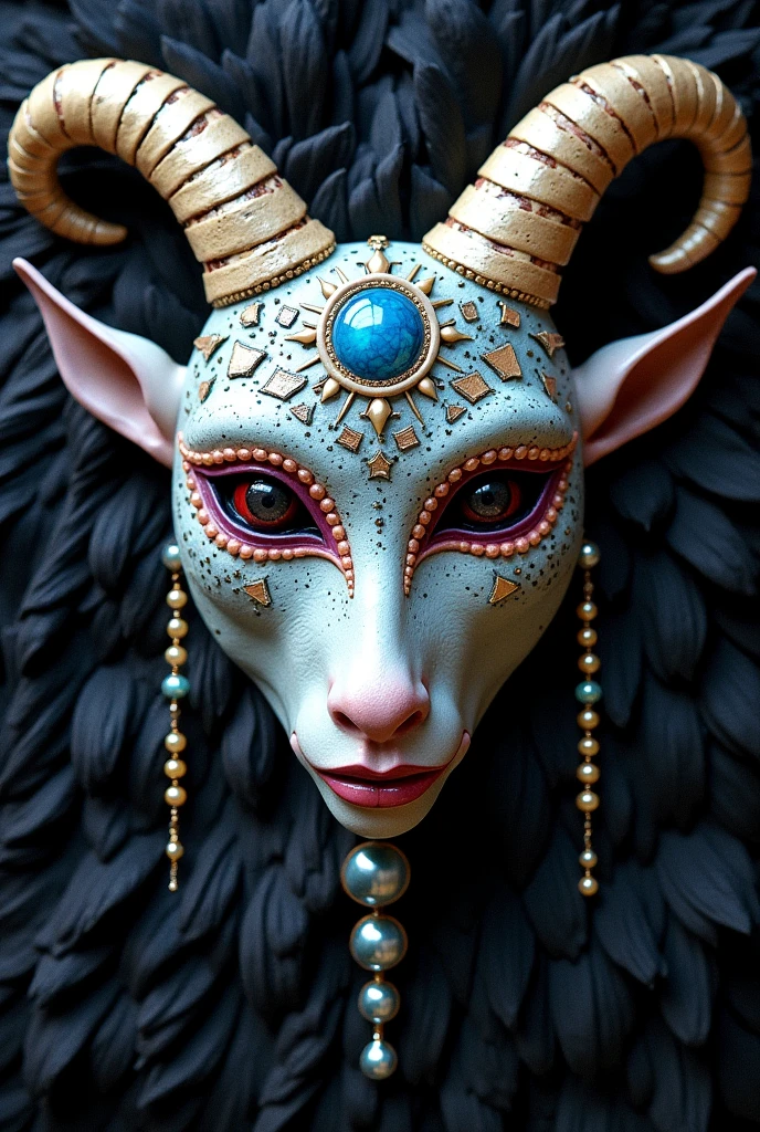 High end avant garde modern Nepali influenced Sami art dark mythology of resin (jelly-lookin) mask of evils with glass (persian blue and dark purple), mosaic (creme and baby-blue), pearls and abalone, black fur and leather art various techniques fine art japanese art principles avant garde animalistic dark magic bloodshot eye and goats eye queer culture patti smith influence art underwater creature avant grade and highly intricate Jibaro's the siren tinsel evil horror japanese hung on wall