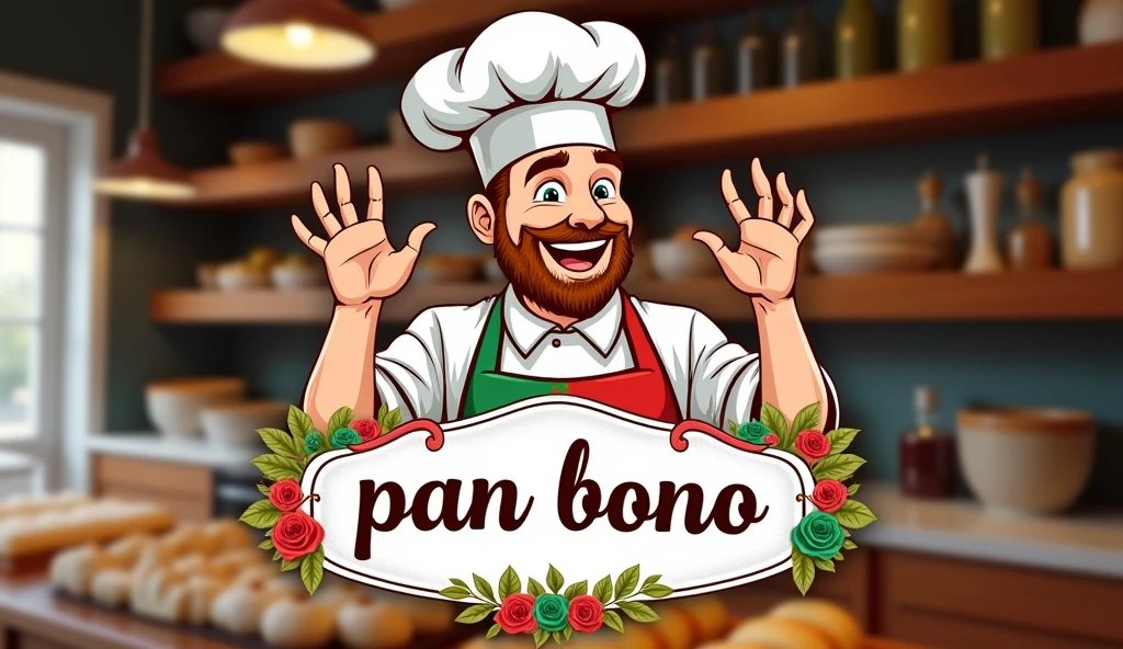 Create a logo of an Italian pastry chef making a hand gesture and saying 'pan bono' 