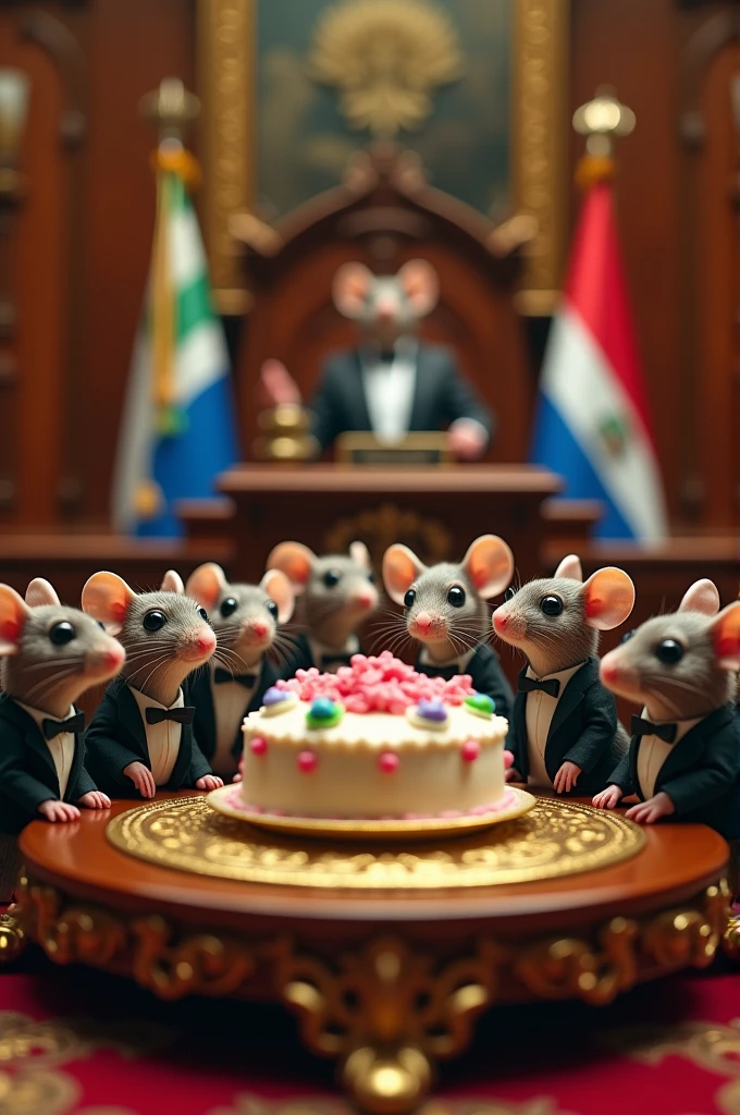 Several mice in formal suits looking at a cake and wanting to eat it, but they don't eat, all inside the Guatemalan congress 