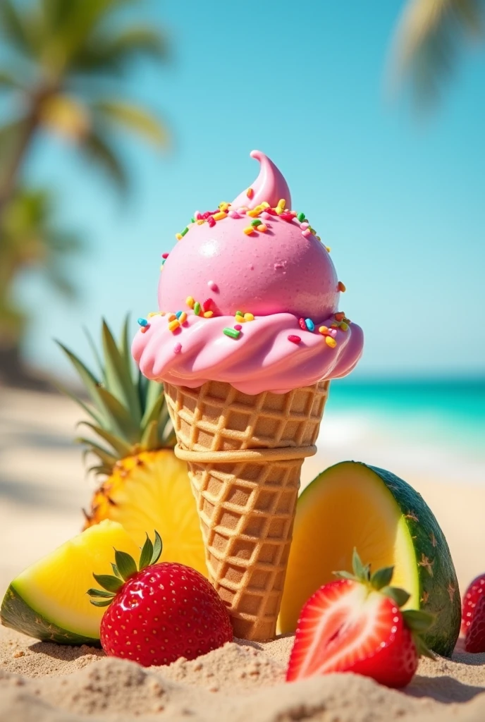 Create a pink, circular scoop of ice cream with strawberry sauce and colorful sprinkles on top. Place a cone beneath the ice cream.. Beach atmosphere with the sweet name Summer and fruits around the cone