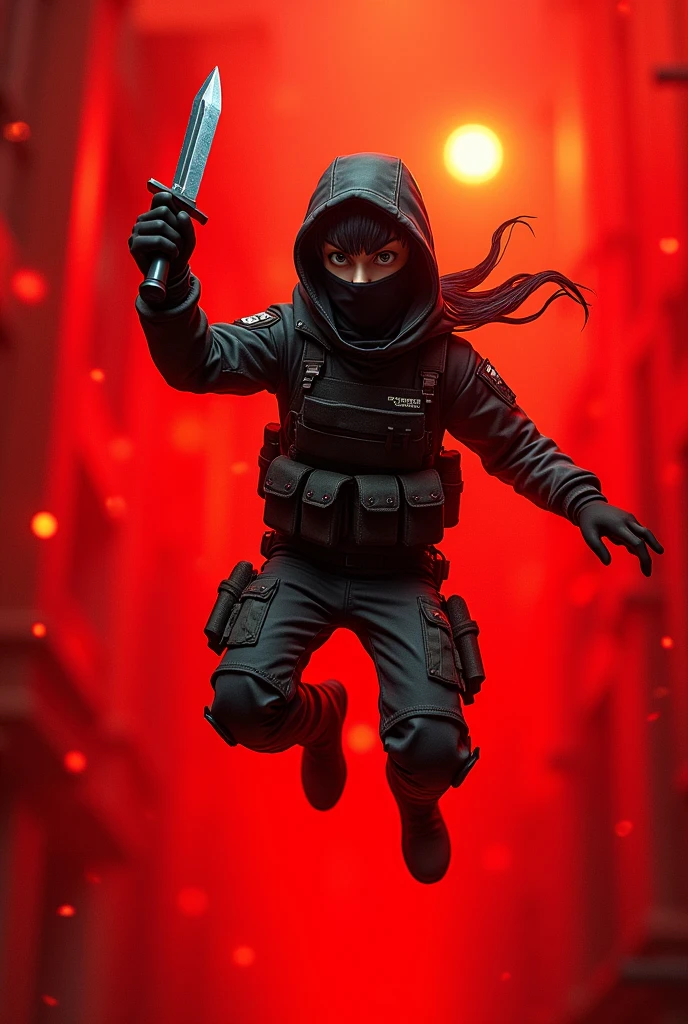 Create an image of a Counter-Strike 2 terrorist with a red background, an anime face, holding a knife and jumping