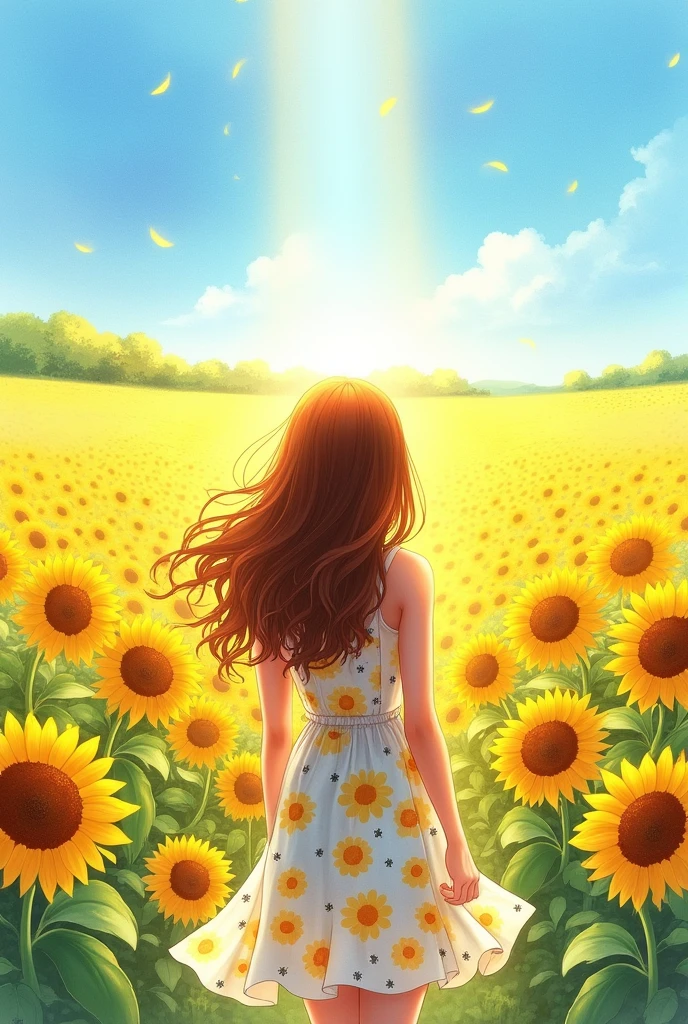 Watercolor style art sunflower fields、Rear view of a pretty、rays of sunlight