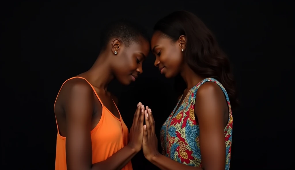 Create an image that shows two women in a moment of prayer, holding hands and leaning towards each other. The first woman is on the left, wearing a sleeveless dress in a soft orange color. The second woman is on the right, wearing colorful attire with vibrant patterns. Both women have their eyes closed, expressing serenity and devotion, With a simple black background, emphasizing the focus on the scene without distractions. Remove all text from the original image.

Additional Detail:

Lighting: Lighting suave que destaca as figuras das mulheres sem criar sombras fortes.
Positioning: Keep the women centered in the image, in a slightly tilted position towards each other, keeping their hands clasped in prayer.
enviroment: The background must be completely black, creating a clear contrast with the women's clothing.
