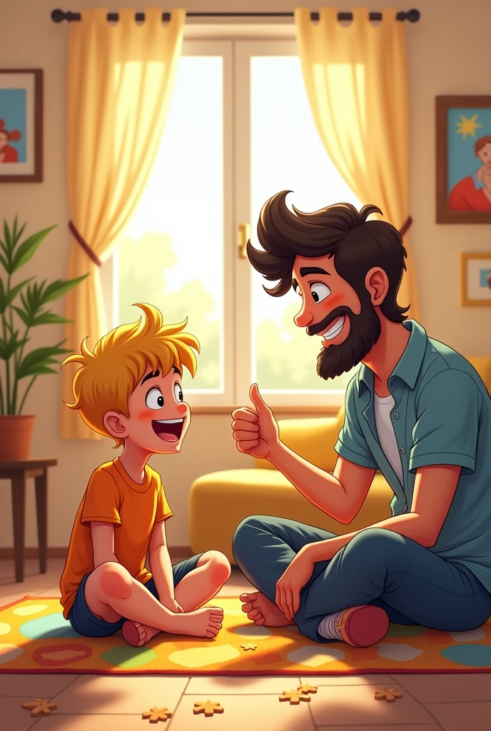 Generate a -like drawing of a Greek boy, blonde, who is at home with his father, a Greek man with dark hair, they talk 