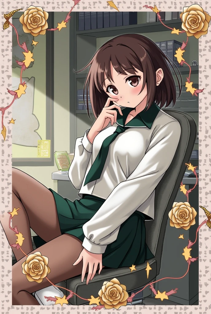 office、Beauty sitting on a chair、short hair、Beautiful legs、High heels、Brown pantyhose、Mini skirt suit
