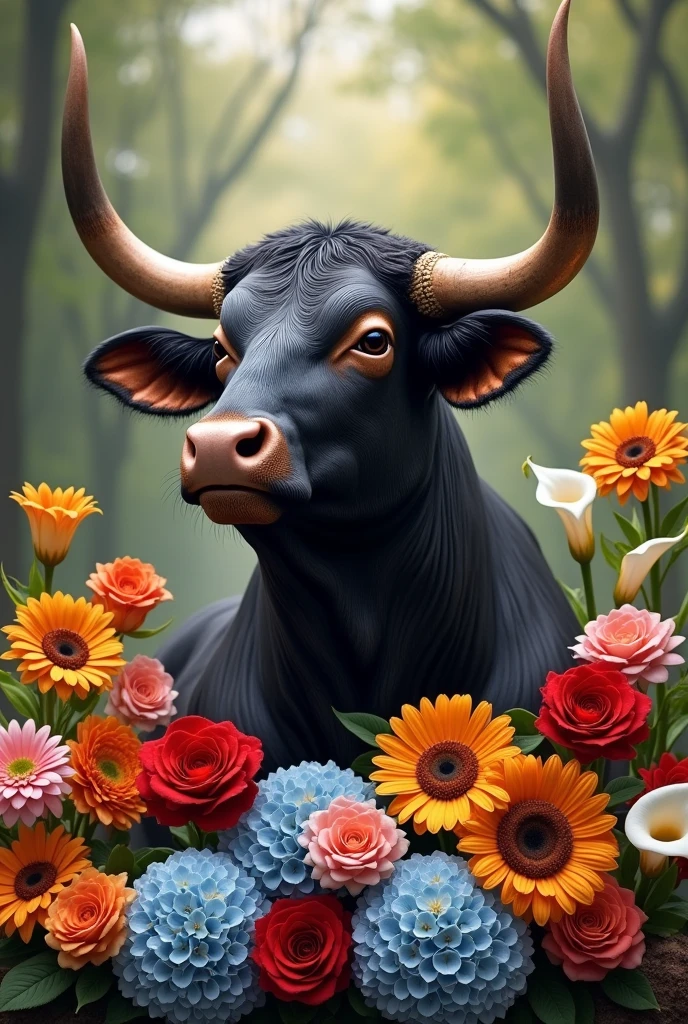 Realism of a bull's bust turning its head surrounded by flowers composed of roses, gerberras, hydrangeas and sunflowers and calla lilies 