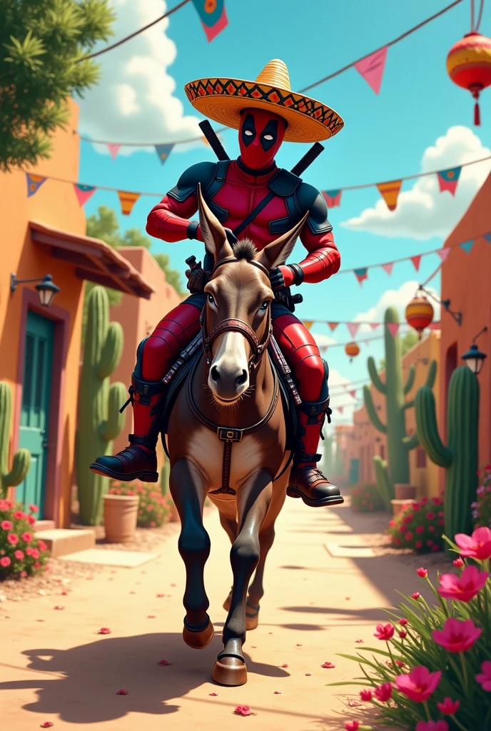 Deadpool riding a donkey with a Mexican hat