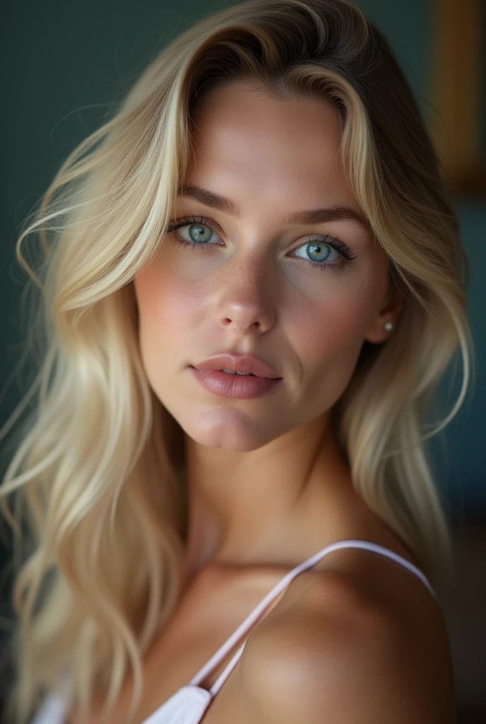 Belle fille européenne aux yeux bleus et aux cheveux blonds, corps entier, tenu sexy mais pas trop,  ultra Haute résolution, (photoréaliste: 1.4), Haute résolution , (finely détaillé skin), (yeux bleus), (Des proportions parfaites) (Photos réalistes) (chef-d&#39;œuvre) (photoréaliste), ultraréaliste (meilleure qualité) (détaillé) Photographié avec un Canon EOS R5, objectif 50 mm, F/2.8, (8k) (fond d&#39;écran) (Éclairage cinématographique) (éclairage dramatique) (complexe) mode. 