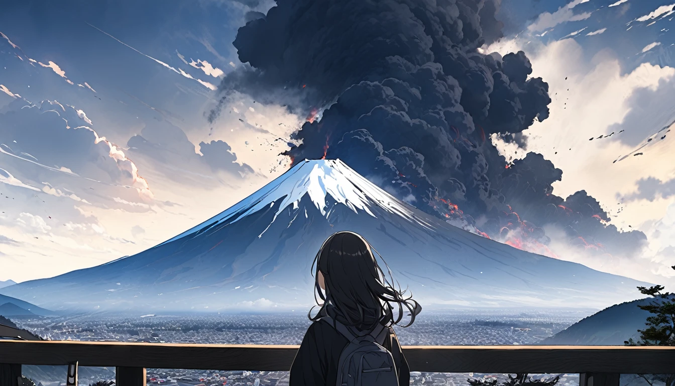 Mt. Fuji eruption、Young people gazing from afar、Black smoke、The sky is dark、noon