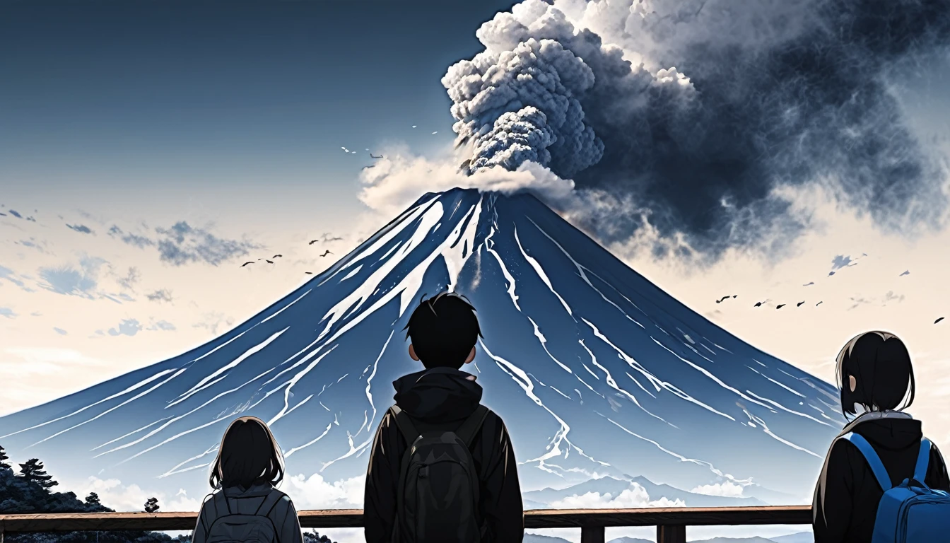 Mt. Fuji eruption、Young people gazing from afar、Black smoke、The sky is dark、noon