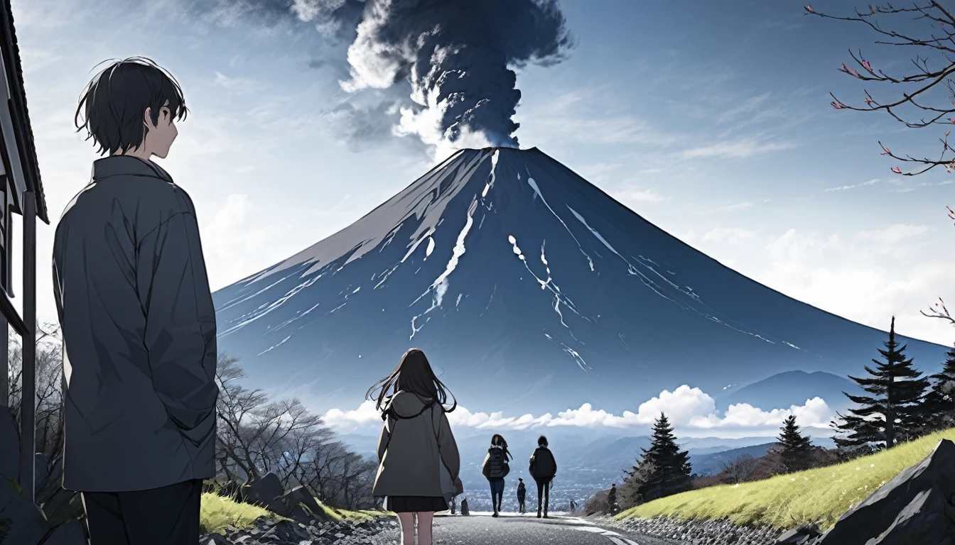 Mt. Fuji eruption、Young people gazing from afar、Black smoke、The sky is dark、noon
