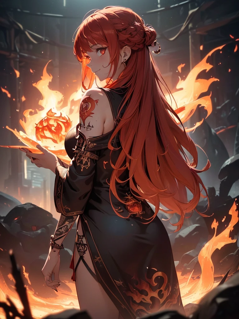 (((best quality, sharp image, clear image, cinematic lighting, 8k resolution, masterpiece, ultra detailed, intricate))) Girl, (((looking over left shoulder))), (shot from behind), fire mage, ((intricate background)), ((chaotic background)), red hair, smiling, ((flame runes, flame sigils)), (tatoo on back), slime figure, flying sigils