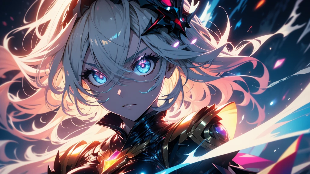 masterpiece, 1girl,, spell, mage, Dark Elf, scary, glow, particles, shining brightly eyes, stunning, spectral, snow, gorgeous, perfect face, expressive eyes, cute,Very beautiful big breasts,tatuados,8k,resolution,masterpiece,Highest quality,Intricate details,Very detailed,Clear focus,Wavy Hair、Yellow lightning effect、Red and blue hair