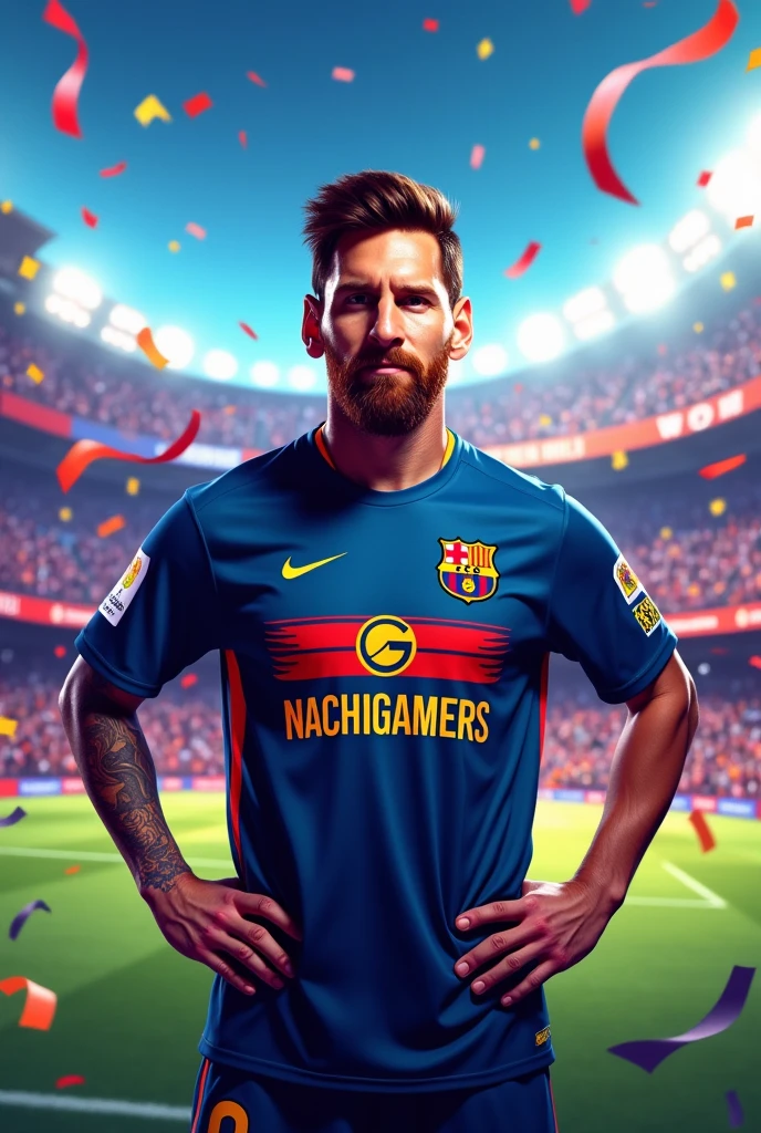 Messi wearing a shirt with the Nachigamers logo in the middle.
