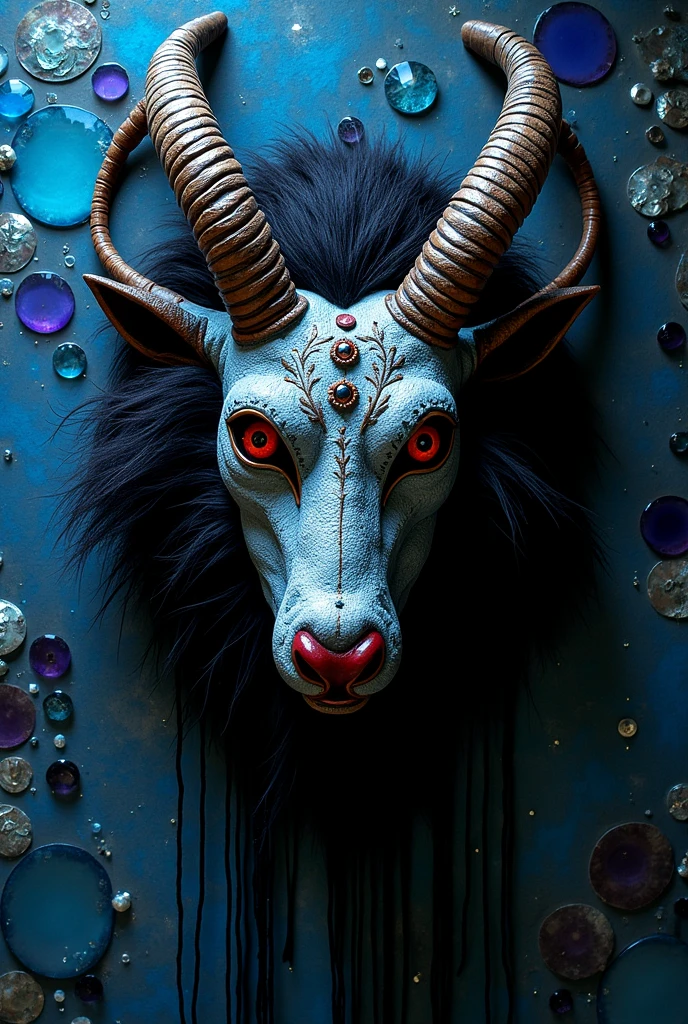 High end avant garde modern Nepali influenced Sami art dark mythology of resin (jelly-lookin) mask of evils with glass (persian blue and dark purple), mosaic (creme and baby-blue), pearls and abalone, black fur and leather art various techniques fine art japanese art principles avant garde animalistic dark magic bloodshot eye and goats eye queer culture patti smith influence art underwater creature avant grade and highly intricate Jibaro's the siren tinsel evil horror japanese hung on wall