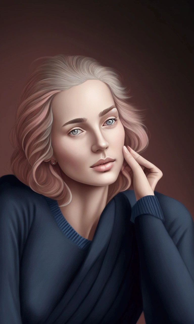 Manuel Rebollo line art sketch behance fashion illustration, blonde 1woman thin hair bob, slim, pink blue sweater, cafe