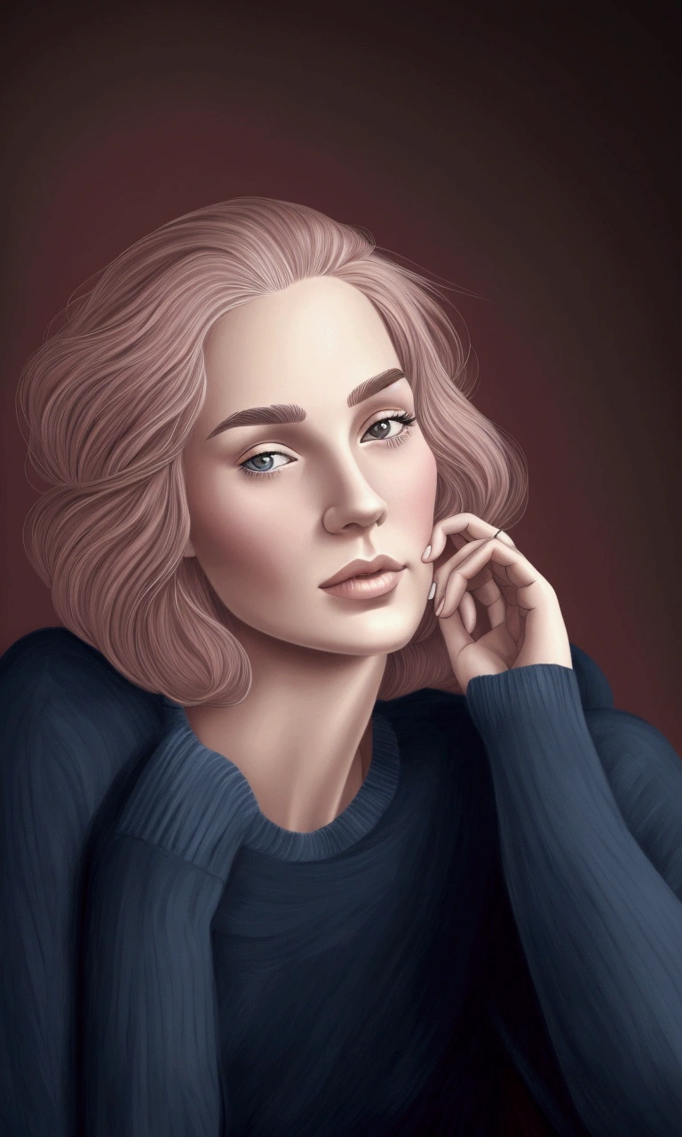 Manuel Rebollo line art sketch behance fashion illustration, blonde 1woman thin hair bob, slim, pink blue sweater, cafe