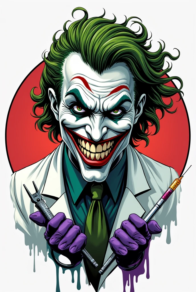 Create an image of the Joker portrayed as in the comics showing half of his body wearing a lab coat holding a dentist's pliers in one hand and a needle in the other with a smile on his face with no background behind him except for a circle.
