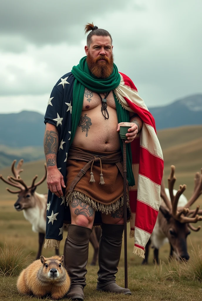 Fat Man, powerful with a beard, with the American flag and a green scarf against abortion, white skin, tattooed with Norse symbols, Holding a mate, as for pets, they have a capybara and a reindeer