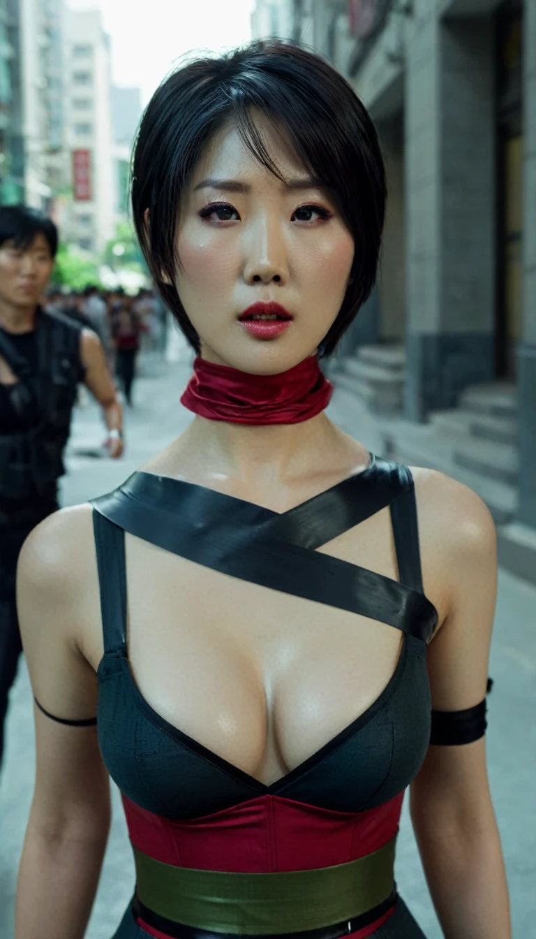 close-up of beautiful korean female, 34 inch breasts size, wearing as Ada Wong from resident evil, crowded, street city building background, UHD Full Body View,tape gag,gagged,