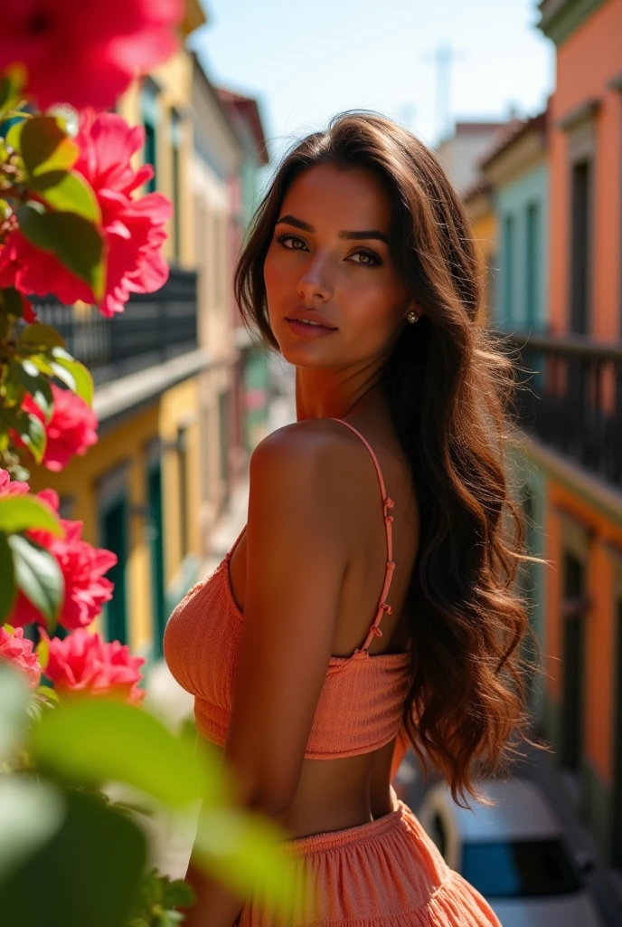 Very beautiful woman without bra or clothes staring straight ahead on a balcony in Mexico City