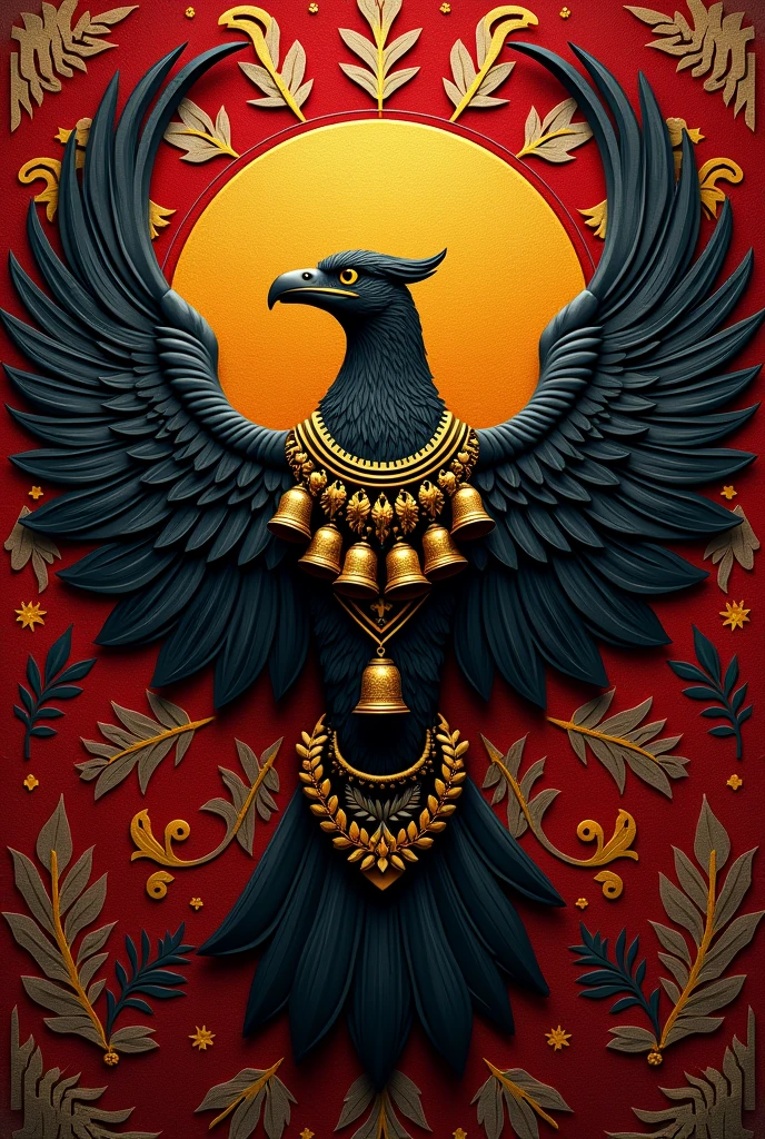 Create a logo for a Peruvian cultural group based on a golden and black warrior condor with bells