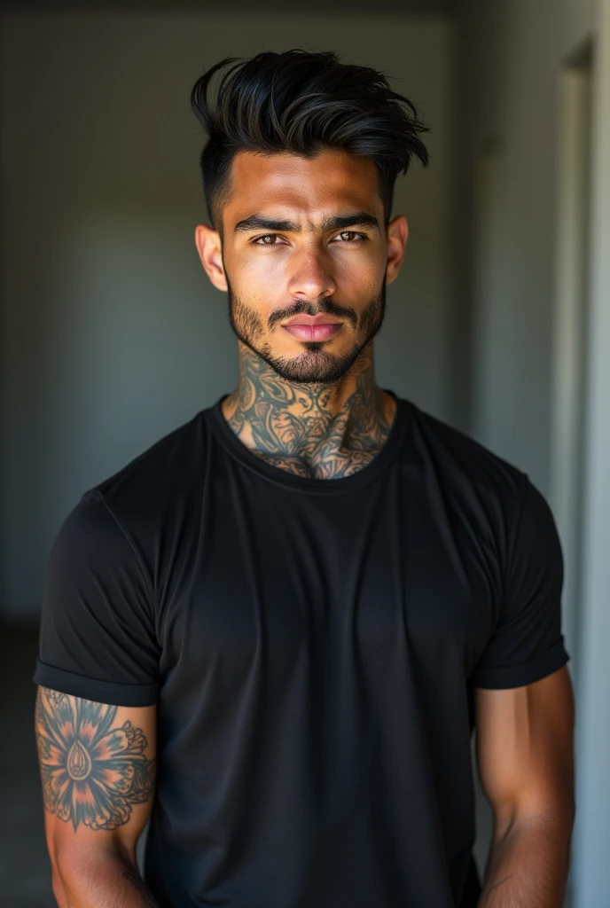 a 25-year-old man with a striking presence and a well-defined appearance. Your hair is straight and short, of an intense dark tone, and his eyes are equally dark, adding an air of depth and intensity to your gaze. He is tall, with defined muscles that show a well-kept physical shape, without exaggeration, and your skin is tanned, giving it a healthy and vigorous appearance.Your lips are thin and blushed, pairs well with the lightly trimmed beard that adds a touch of maturity to your look. A distinctive detail is a small scar on the right eyebrow., that gives a unique character to your face. He also has visible tattoos on his neck and both arms., that add an element of boldness to your style.Your clothing tends to be casual and well-fitted., reflecting a modern and relaxed style. The background of the image may be slightly blurred to keep the focus on your striking features and style., highlighting its robust and well-groomed appearance.