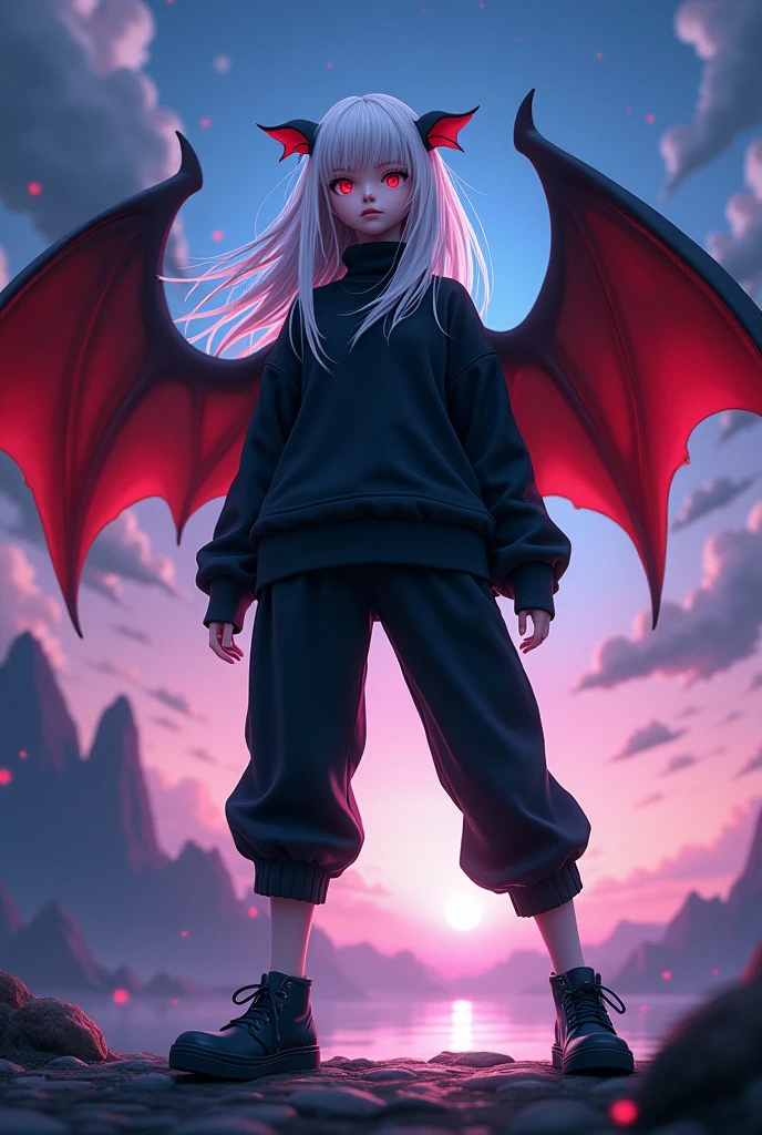 Character's Name: Kizuro
Age:
Height: 1 meter and 75 centimeters
Skin color: Pale
Eye color and shape: Red and sharp
Black bat wings with red interior on the back
Extremely feminine face
Hair color and size: White hair with a fringe covering the left eye, hair reaches halfway down the legs
Clothing: A black long-sleeved shirt with a turtleneck, a black sweatshirt on top, slightly loose pants that go to the end but without.passing the black sneakers with black sole and black laces