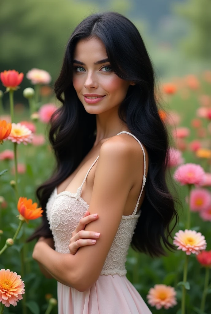 Create an image of a woman with jet black hair,high, slim, beautiful,thick, pink lips, upturned and perfect nose,Wide hips, small waist,pale skin,piernas largas y slims, marked clavicle,thin neck and arms,blue and almond-shaped eyes,long hair in light waves,medium thighs, prominent breasts and feminine figure,Pear-shaped body (small waist y Wide hips)