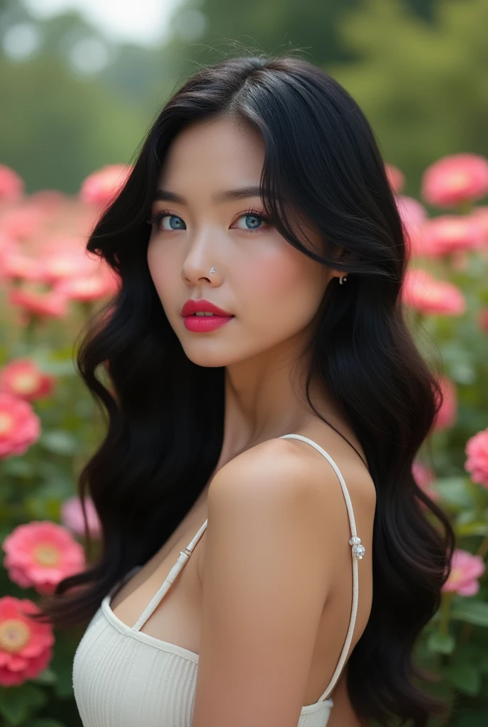 Create an image of a woman with jet black hair,high, slim, beautiful,thick, pink lips, upturned and perfect nose,Wide hips, small waist,pale skin,piernas largas y slims, marked clavicle,thin neck and arms,blue and almond-shaped eyes,long hair in light waves,medium thighs, prominent breasts and feminine figure,Pear-shaped body (small waist y Wide hips)