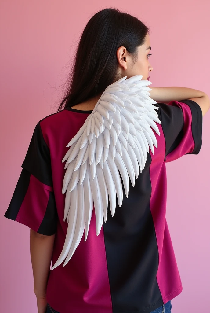 Pink and black shirt art should be inside the shirt, with a design of white angel wings only on the right side of the body, with shorter mangas

