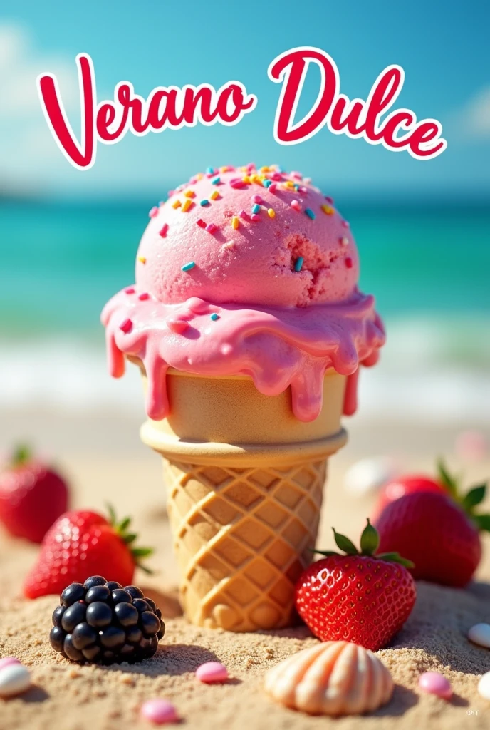 Create a pink, circular scoop of ice cream with strawberry sauce and colorful sprinkles on top. Place a cone beneath the ice cream.. Beach atmosphere with blackberry and strawberry fruits around the cone with the name Sweet Summer in Spanish