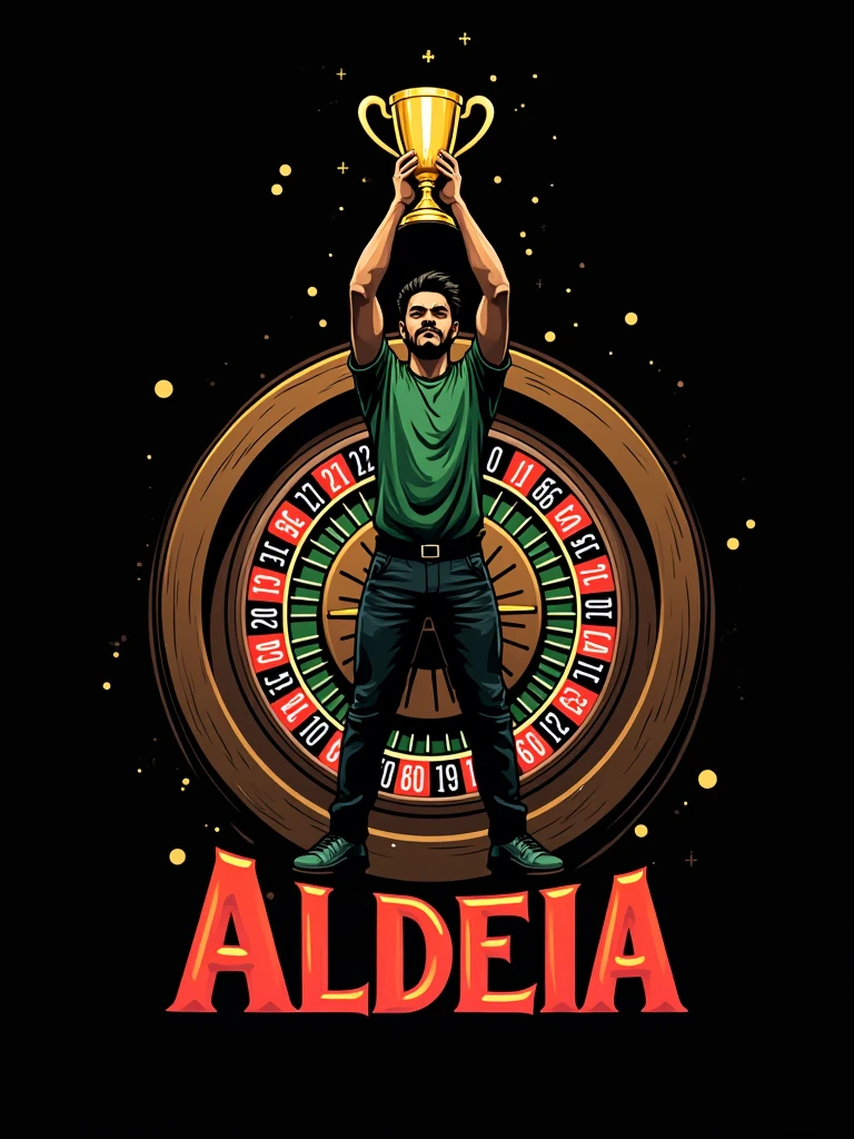 create a fivem gang logo with the name aldeia on a black background and a betting roulette behind an indigenous person holding a trophy