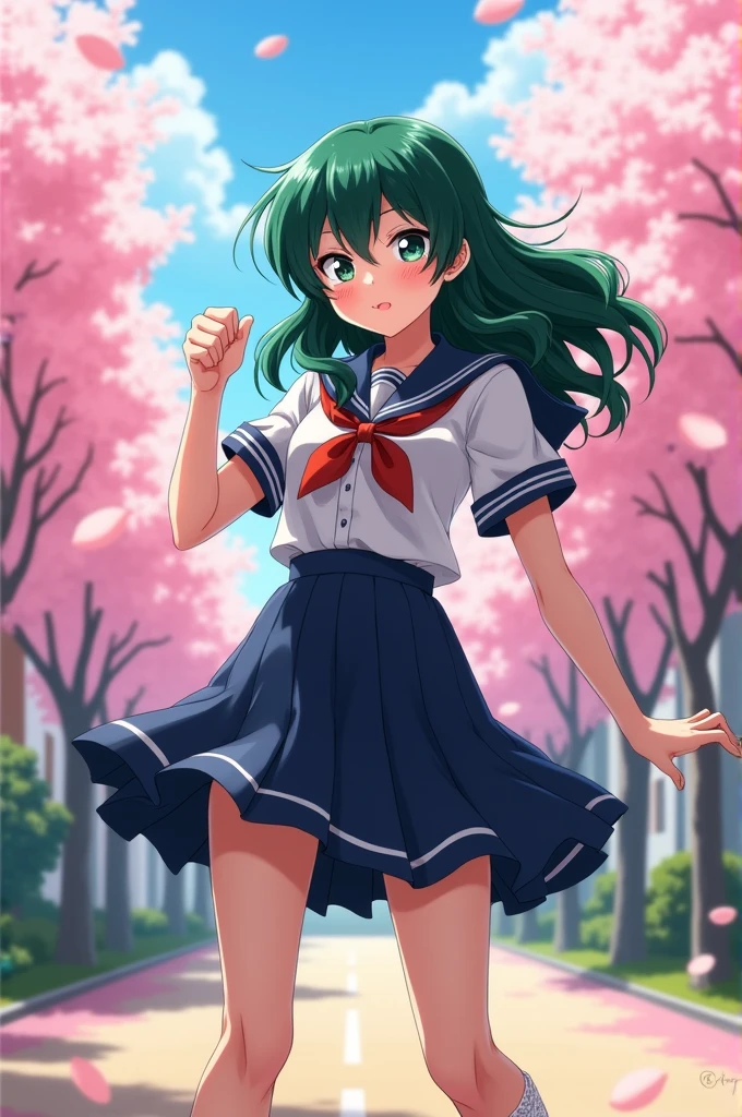 Make Deku from My Hero Academia using a girl's school outfit and pink panties