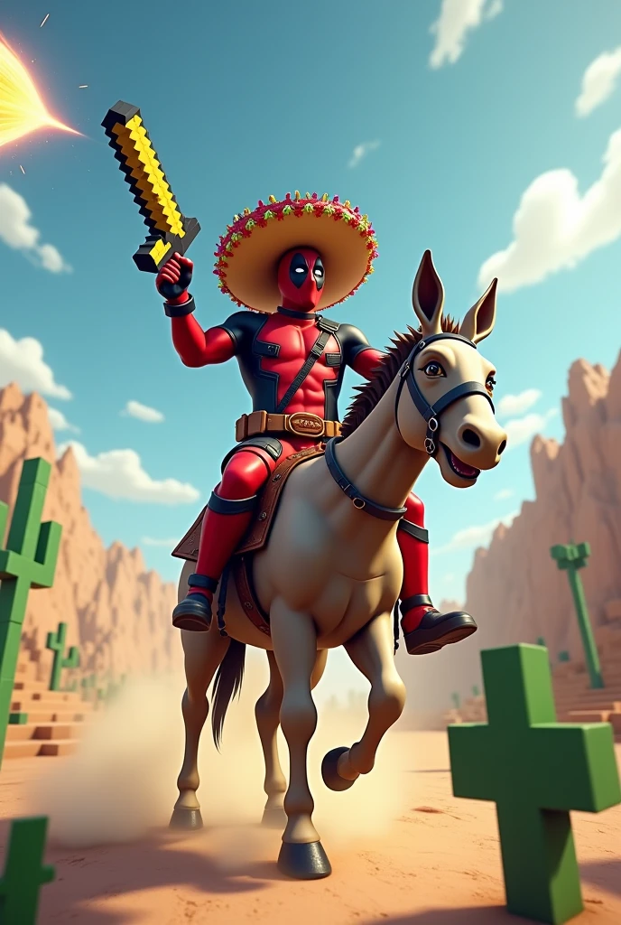 Deadpool riding a donkey wearing a Mexican sombrero while shooting a creeper with a gold-plated bazooka